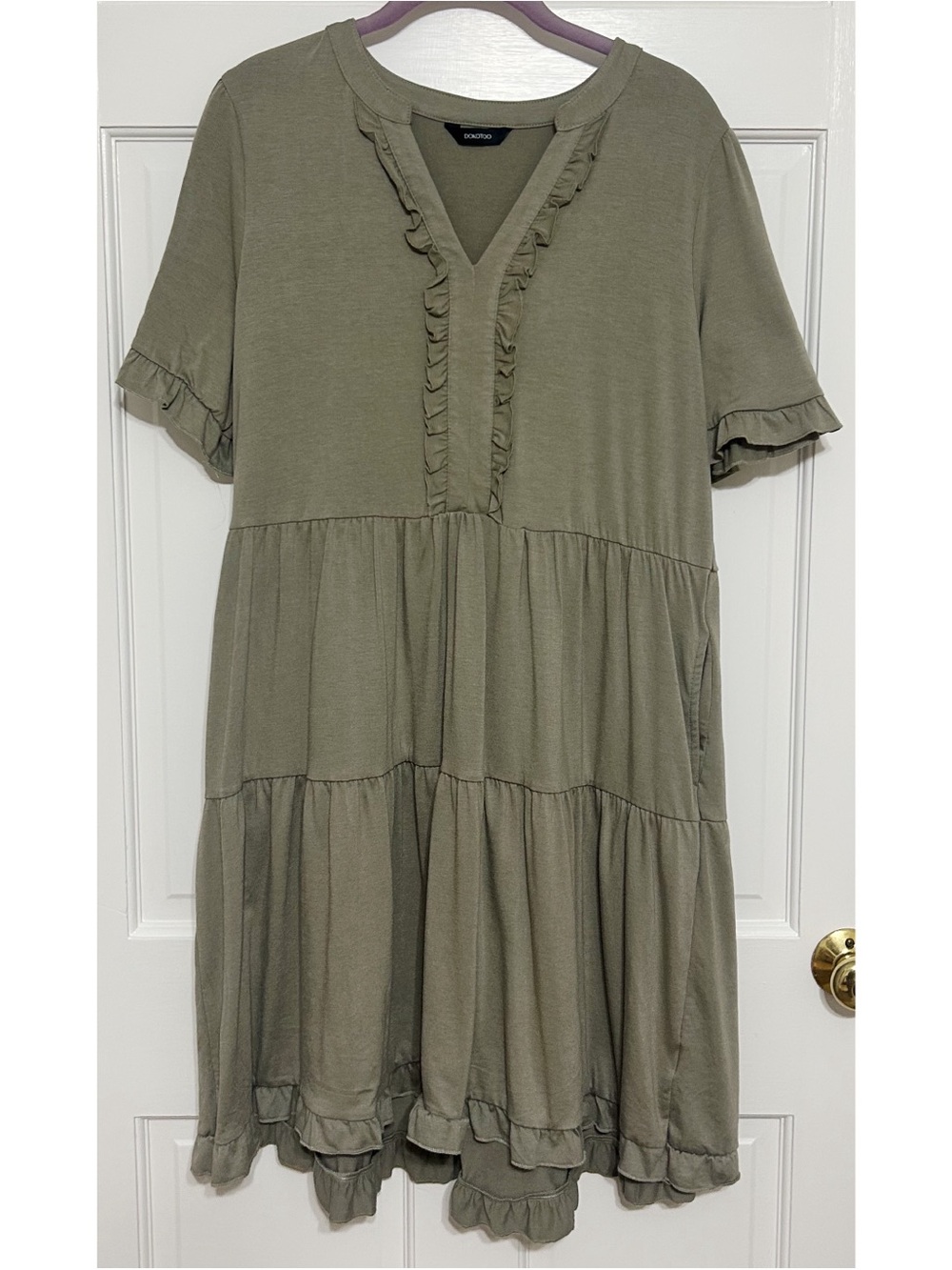 Ruffled V-Neck Tiered Midi Dress in Olive
